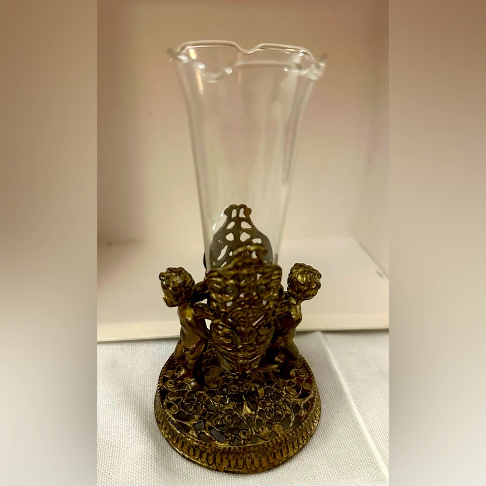 Noontidings Bud Vase Gold Tone Metal 2 Cherub Filigree Ormolu HOLLYWOOD REGENCY